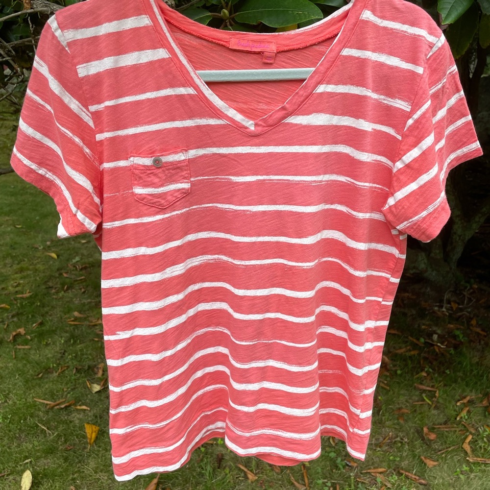 Fresh Produce orange and white striped short sleeve tee shirt. Size L